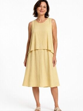 Poems Collection Vintage Yellow Crinkled Rayon Layered Midi Dress Sz 6